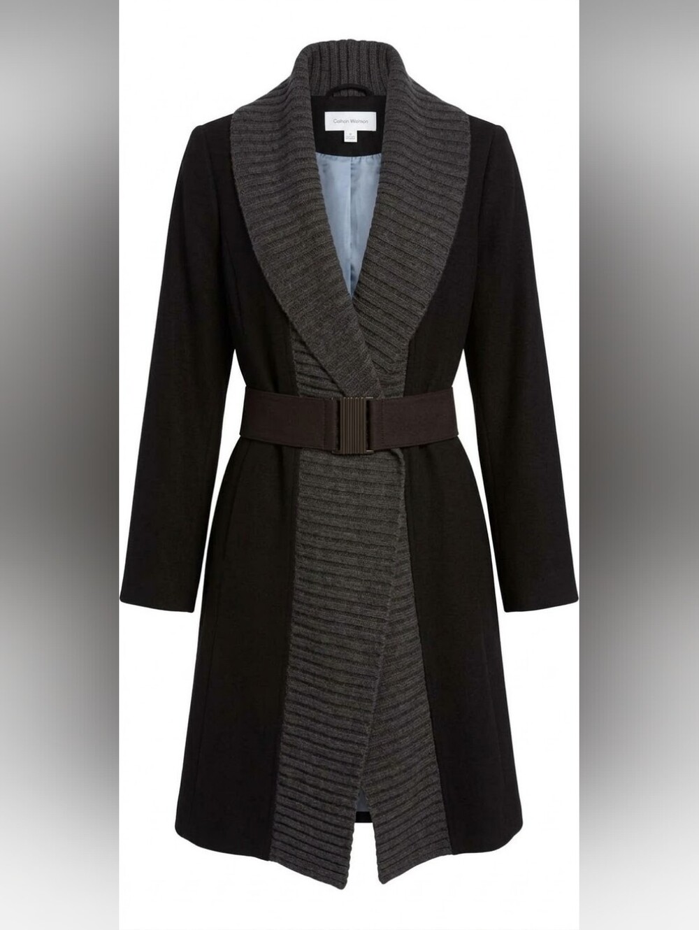 Calvin Klein Wool Blend Coat Size 10 Black Knit Cowl Collar Belted Trench Jacket